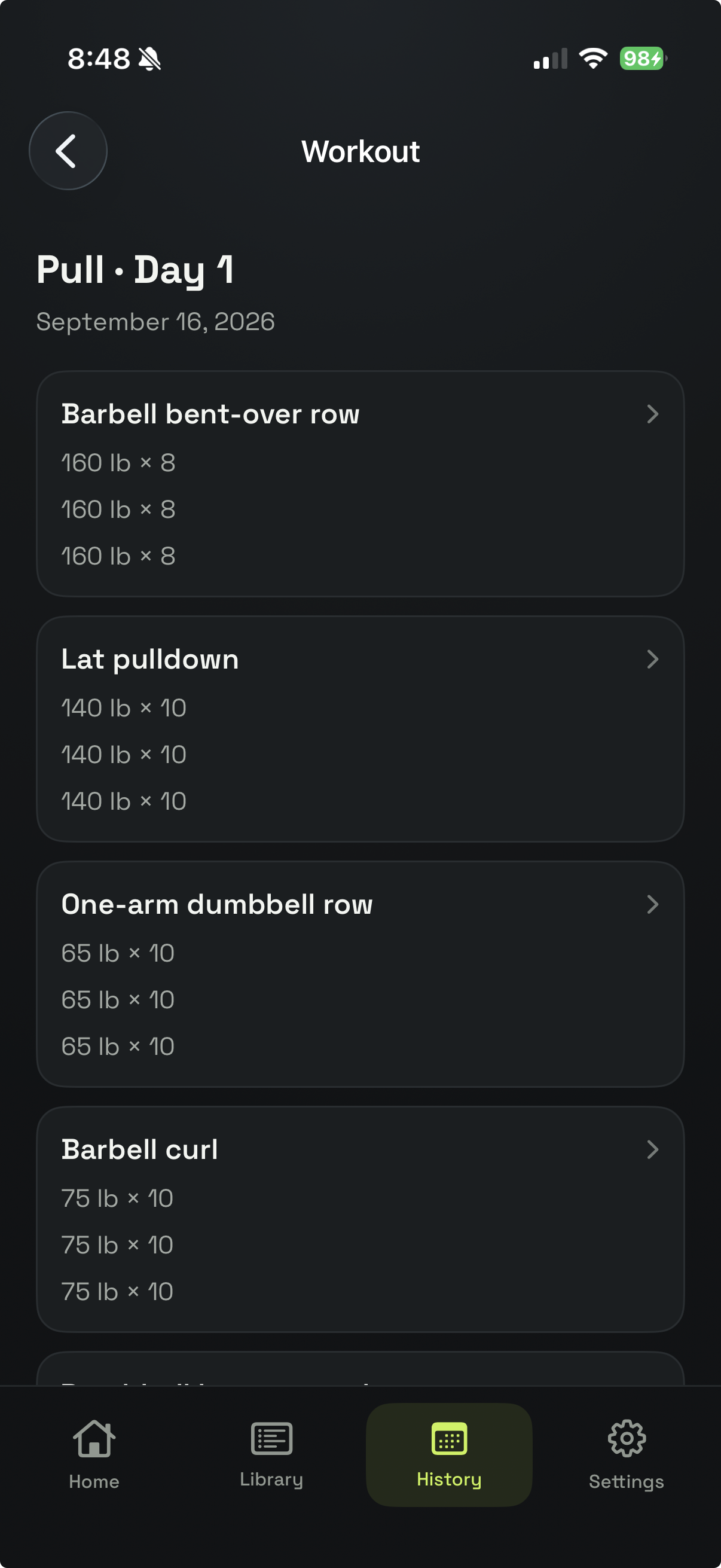 Pull · Day 1 workout history with exercises, weights and reps.