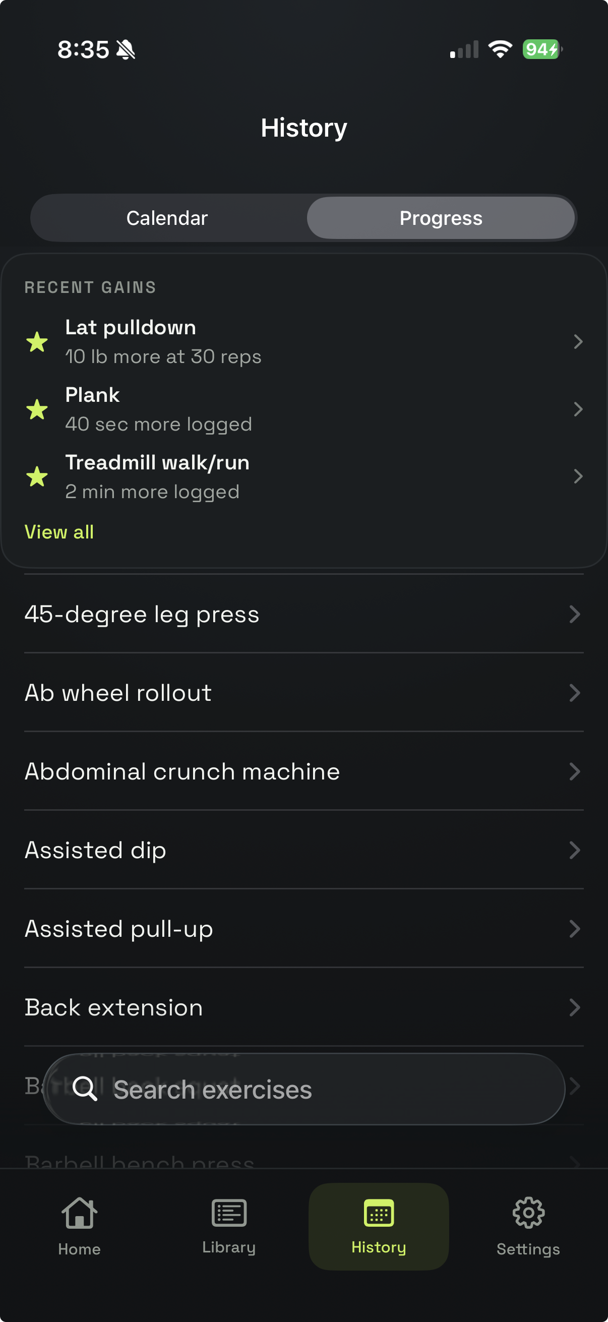 Recent Gains: lat pulldown, 10 pounds more at 30 reps; plank, 40 seconds more; treadmill walk/run, 2 minutes more.